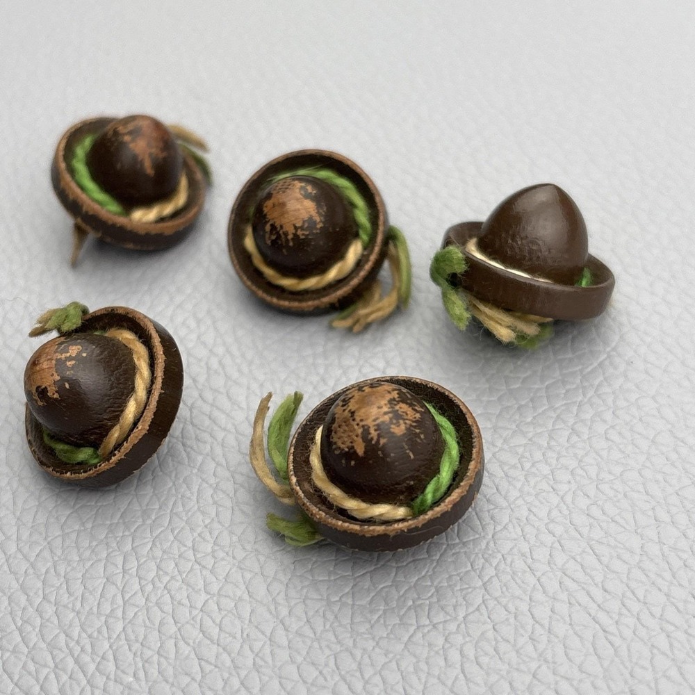 Antique 1930s Handcrafted Wood Buttons w/ Yarn Trim — Mini Brown Hat Design 5
